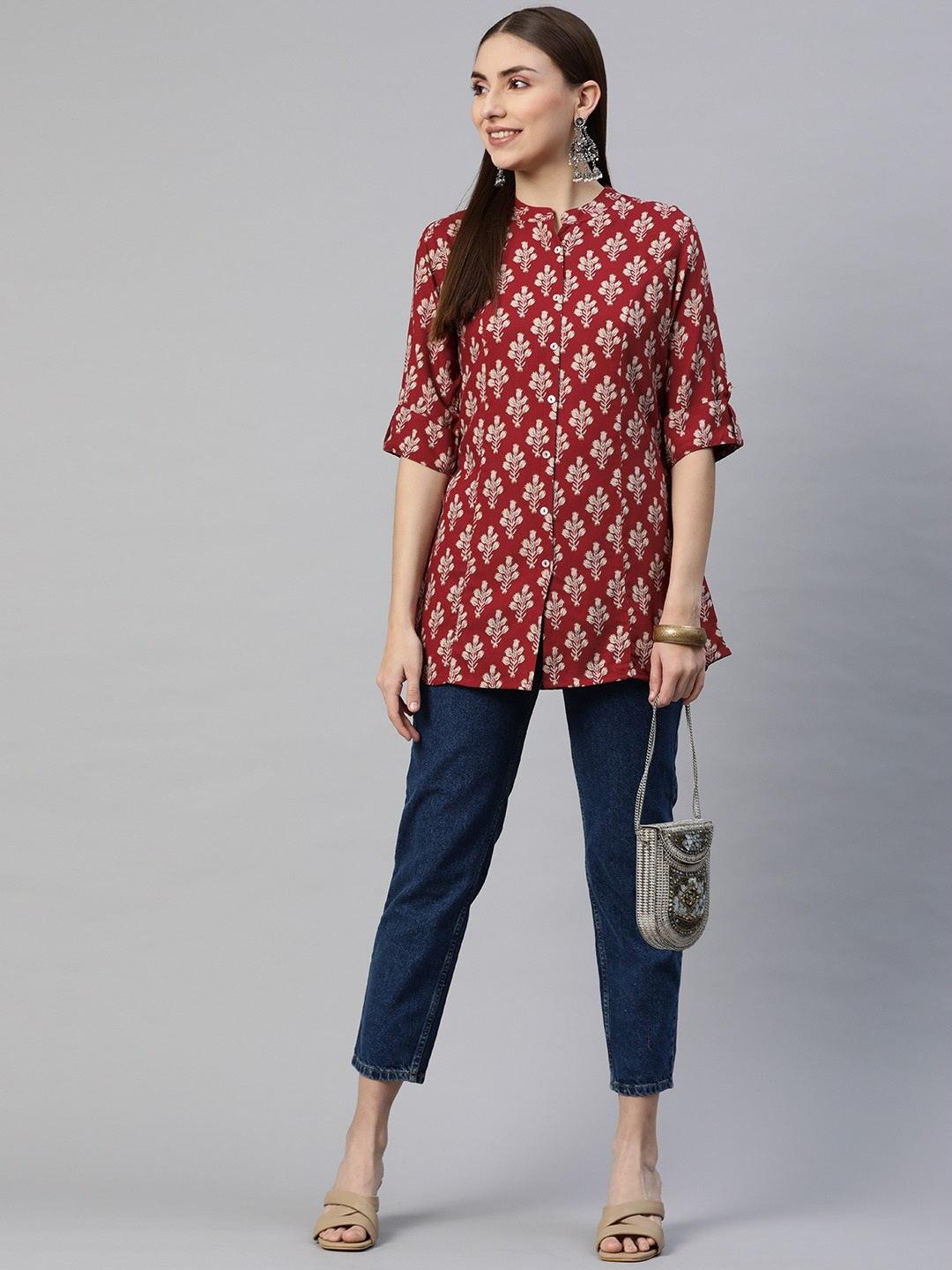  Dark Maroon Floral Rayon A-line Shirts Style Top -  world