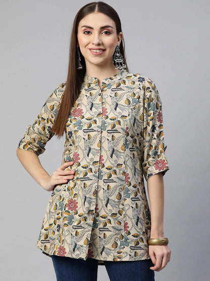  Beige Multi Floral Rayon A-line Shirts Style Top -  world