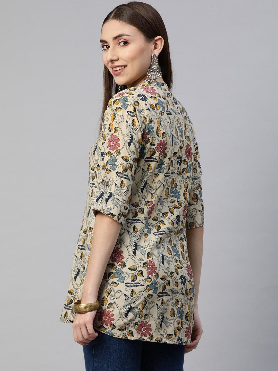 Beige Multi Floral Rayon A-line Shirts Style Top -  world