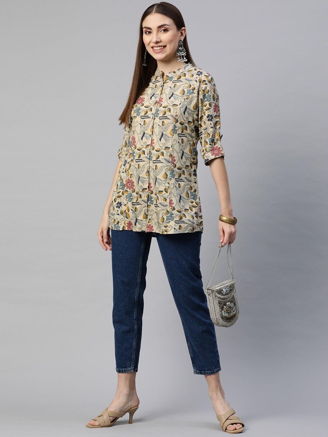  Beige Multi Floral Rayon A-line Shirts Style Top -  world