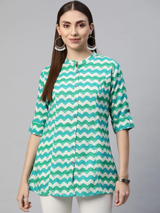  Teal Blue Geomatric Rayon A-line Shirts Style Top -  world