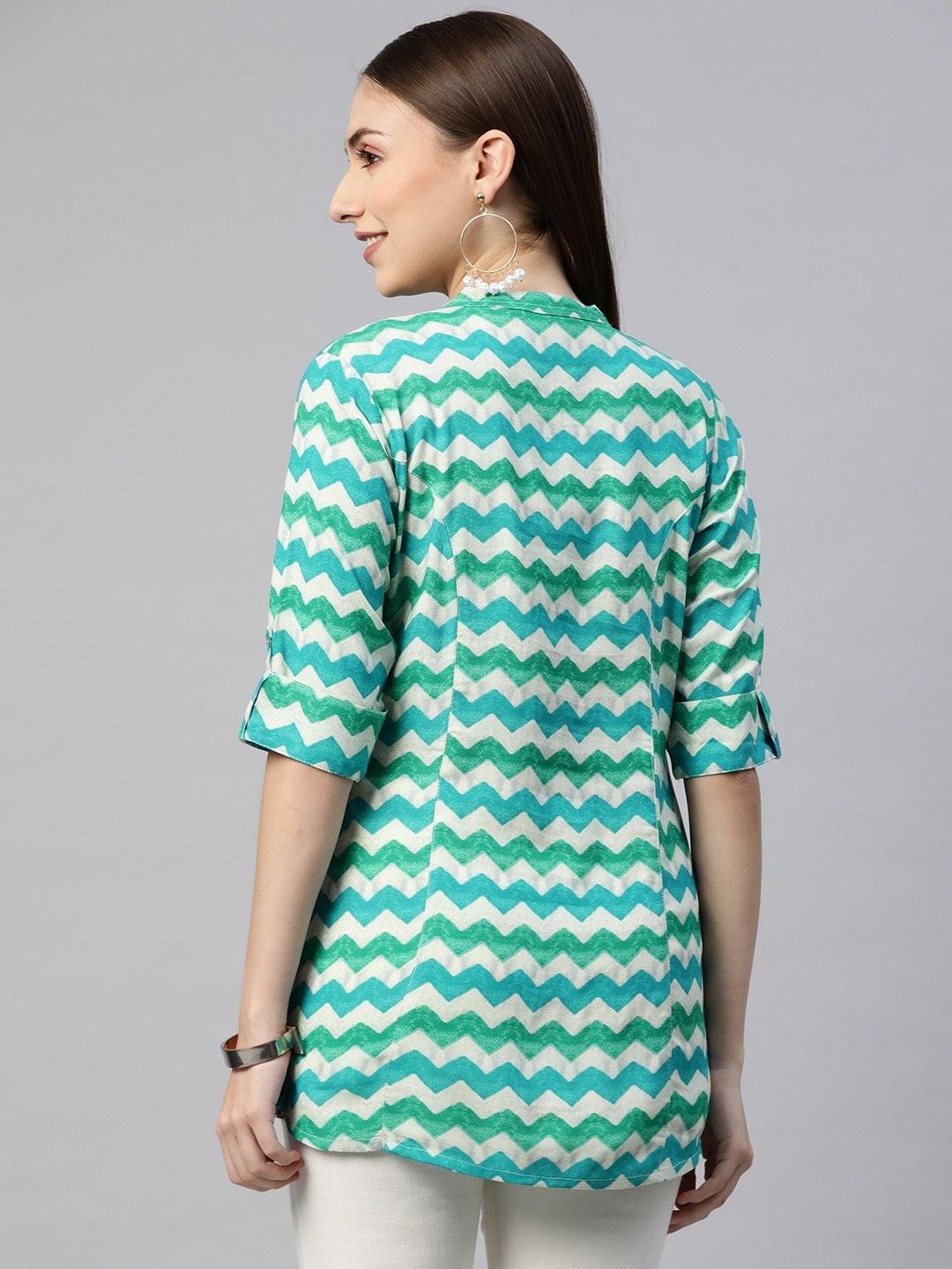  Teal Blue Geomatric Rayon A-line Shirts Style Top -  world
