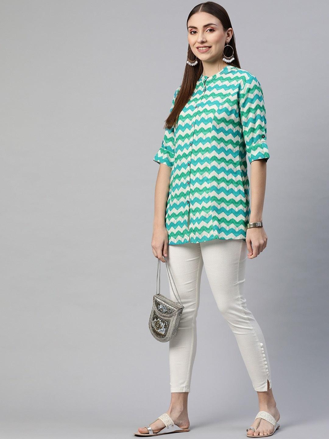  Teal Blue Geomatric Rayon A-line Shirts Style Top -  world