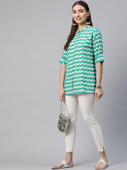  Teal Blue Geomatric Rayon A-line Shirts Style Top -  world