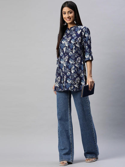  Navy Blue Rayon Printed Top -  world