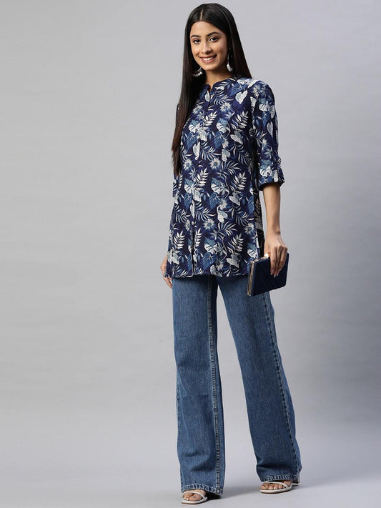  Navy Blue Rayon Printed Top -  world