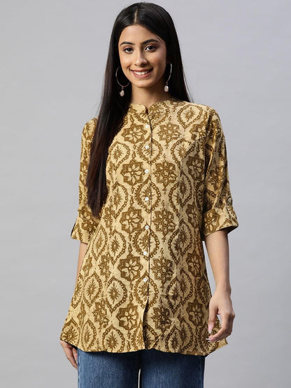  Coffee Brown Floral Rayon A-line Shirts Style Top -  world