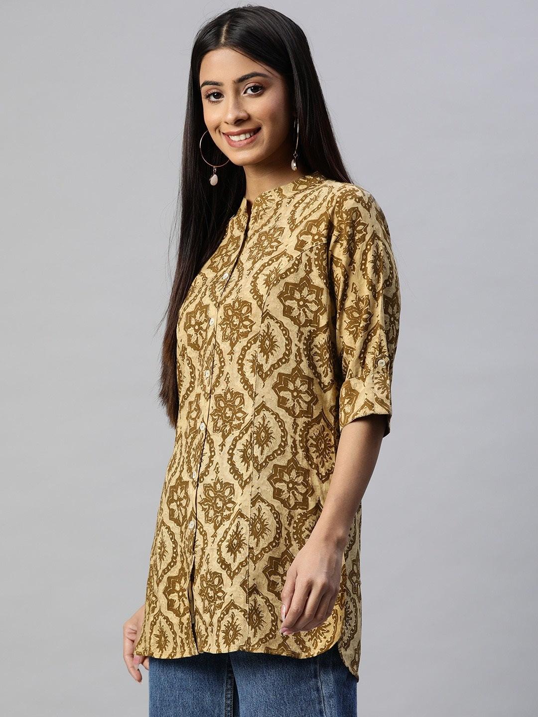  Coffee Brown Floral Rayon A-line Shirts Style Top -  world