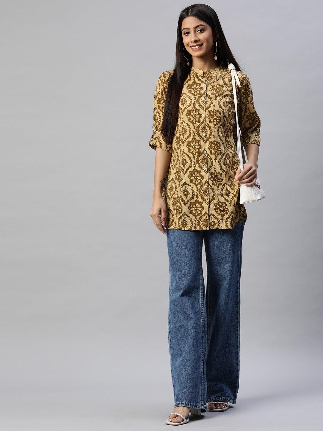  Coffee Brown Floral Rayon A-line Shirts Style Top -  world