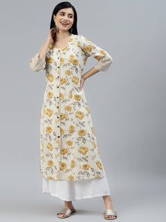 Floral Print Yellow Cotton A-line Kurta