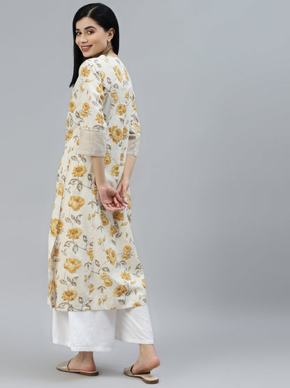 Floral Print Yellow Cotton A-line Kurta