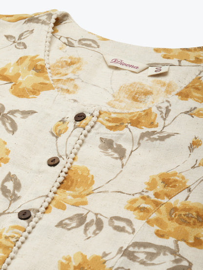 Floral Print Yellow Cotton A-line Kurta