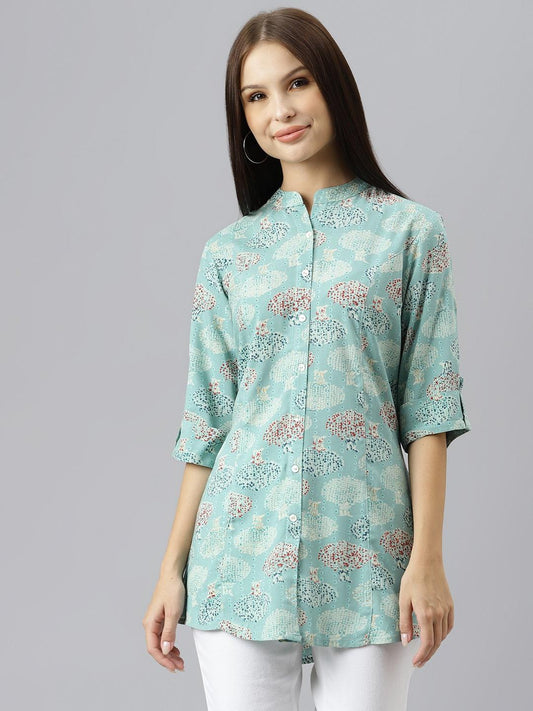  Sea Green Floral Rayon A-line Shirts Style Top - world.com