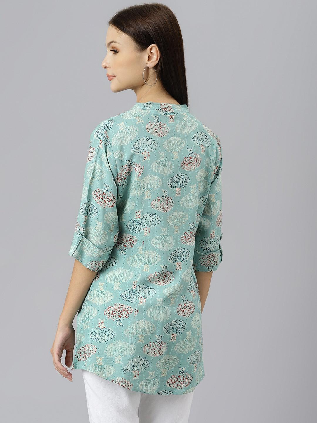  Sea Green Floral Rayon A-line Shirts Style Top - world.com