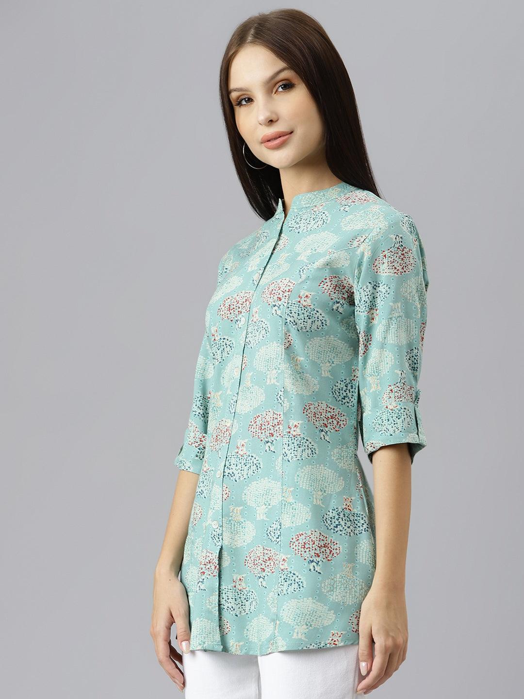  Sea Green Floral Rayon A-line Shirts Style Top - world.com