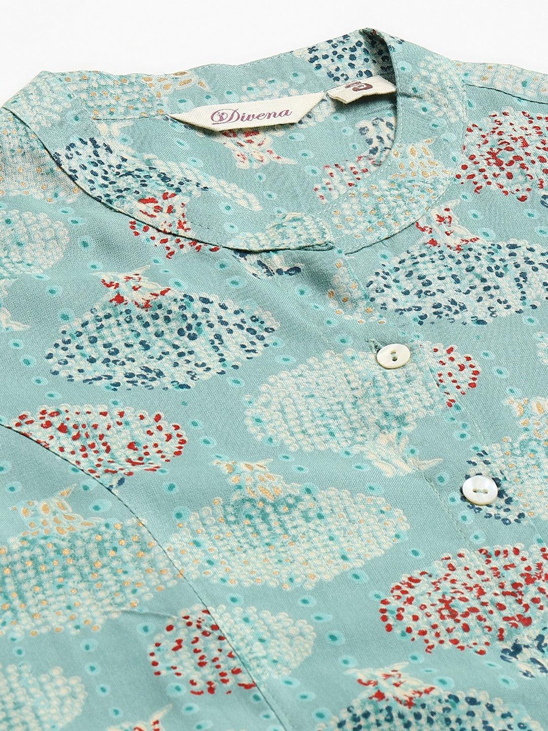  Sea Green Floral Rayon A-line Shirts Style Top - world.com