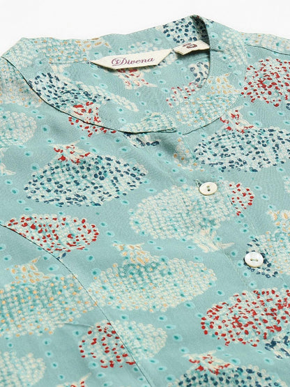  Sea Green Floral Rayon A-line Shirts Style Top - world.com
