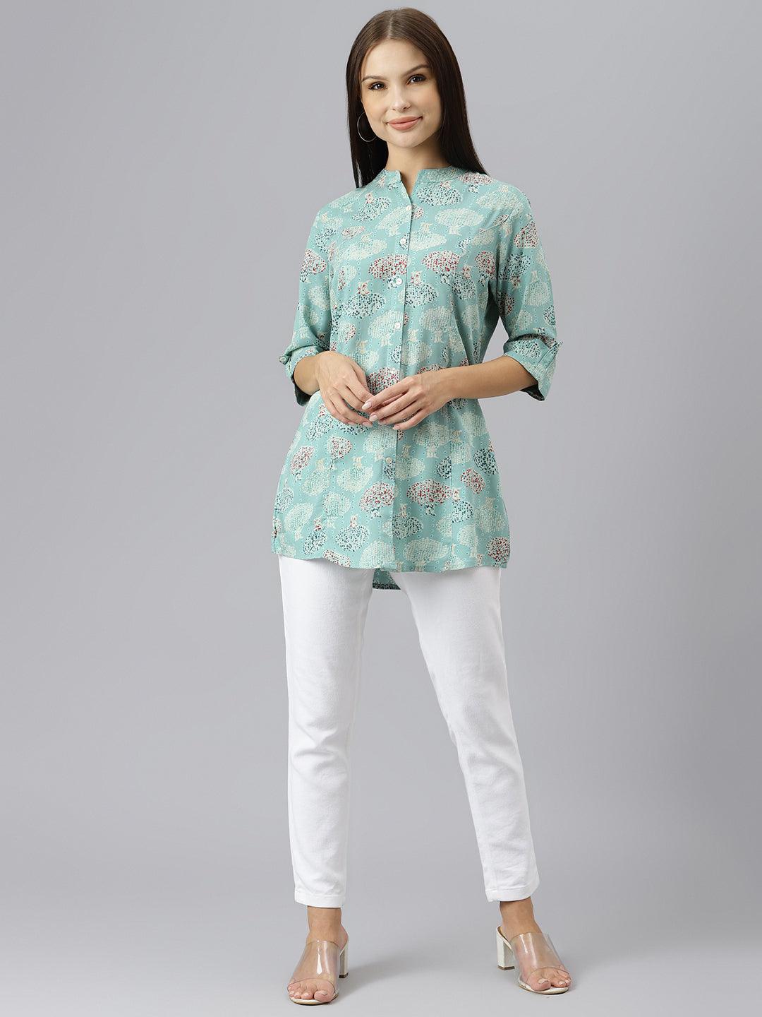 Sea Green Floral Rayon A-line Shirts Style Top - world.com