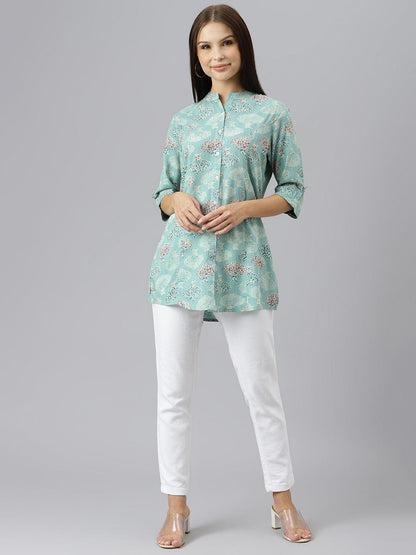  Sea Green Floral Rayon A-line Shirts Style Top - world.com