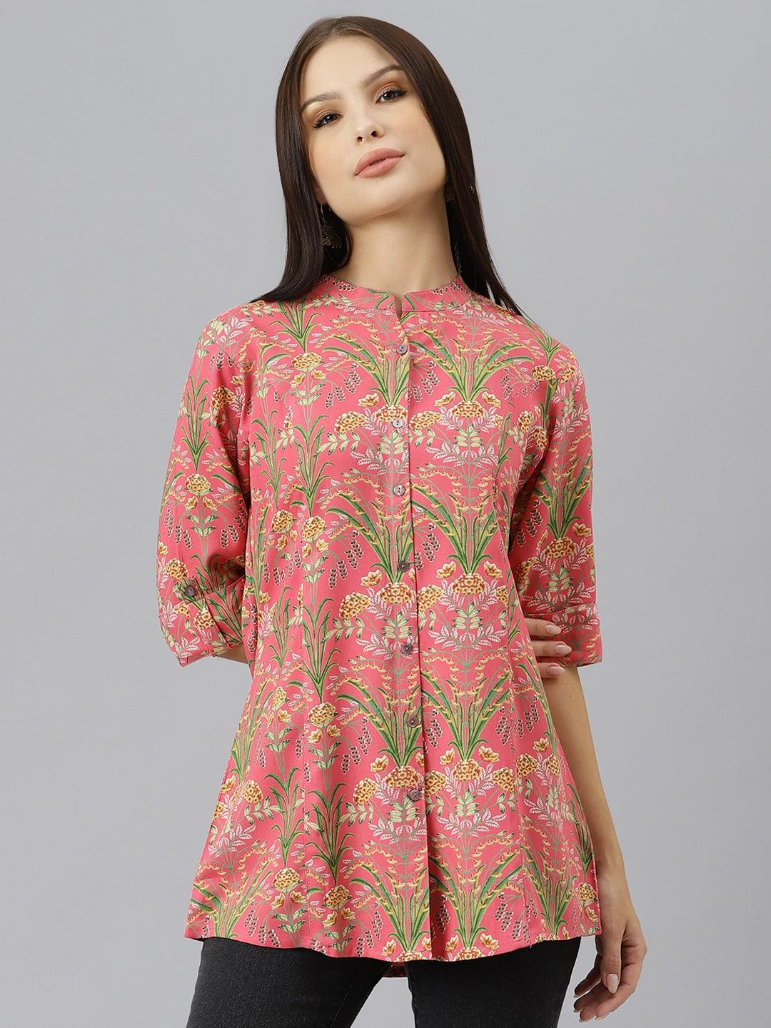  Dark Pink Floral Rayon A-line Shirts Style Top - world.com