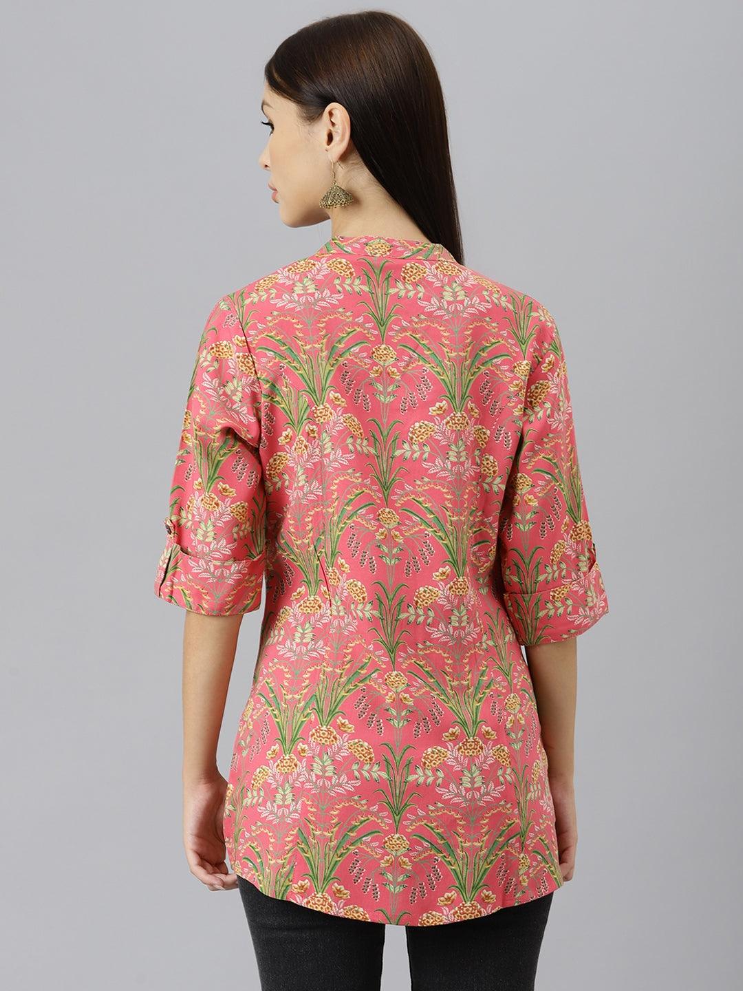  Dark Pink Floral Rayon A-line Shirts Style Top - world.com