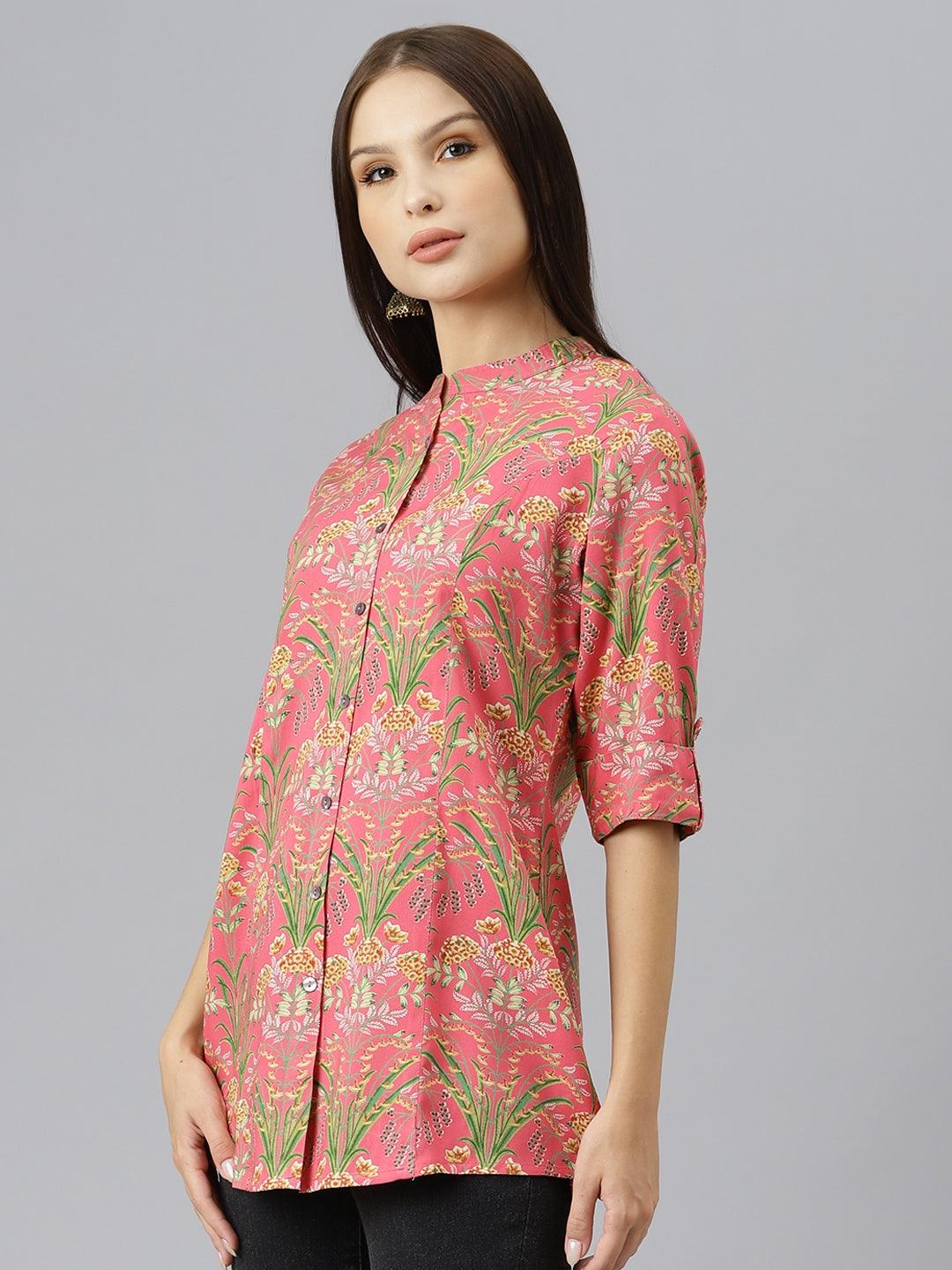 Dark Pink Floral Rayon A-line Shirts Style Top - world.com