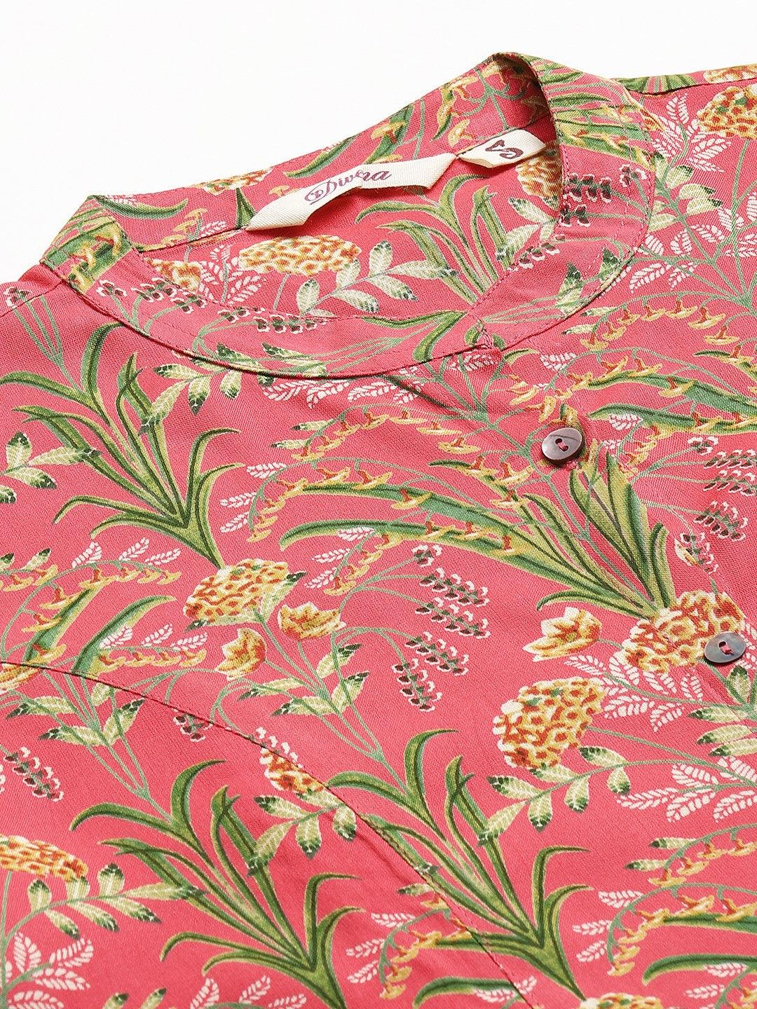  Dark Pink Floral Rayon A-line Shirts Style Top - world.com
