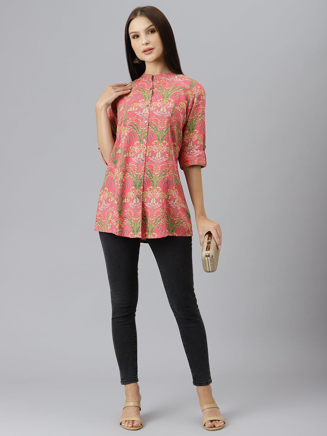  Dark Pink Floral Rayon A-line Shirts Style Top - world.com