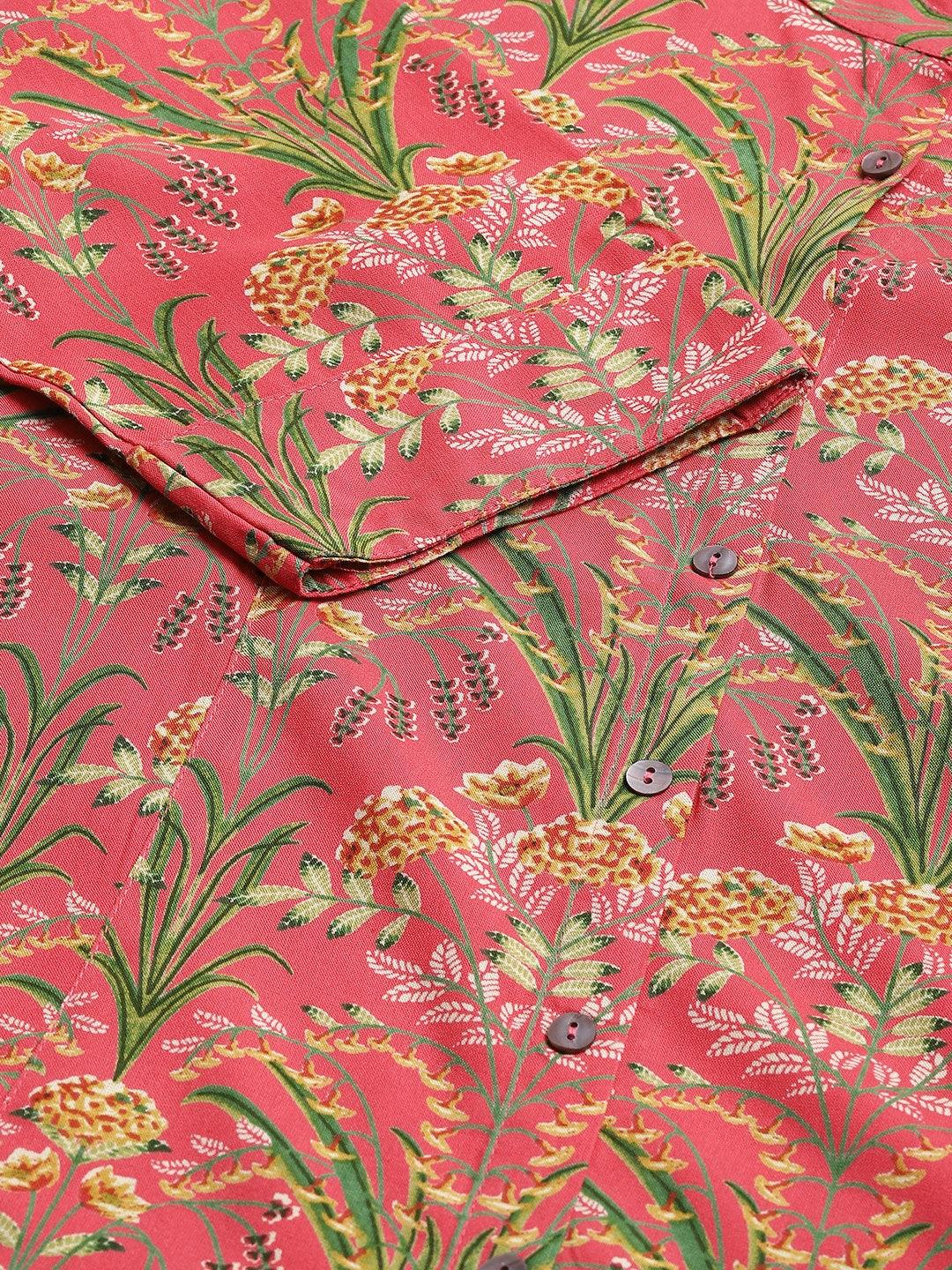  Dark Pink Floral Rayon A-line Shirts Style Top - world.com