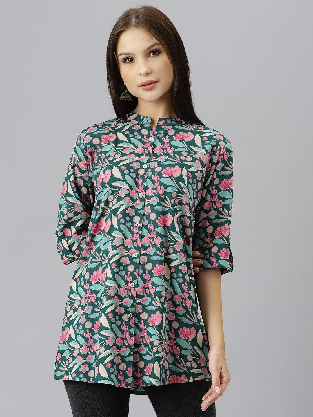  Dark Green Floral Rayon A-line Shirts Style Top - world.com