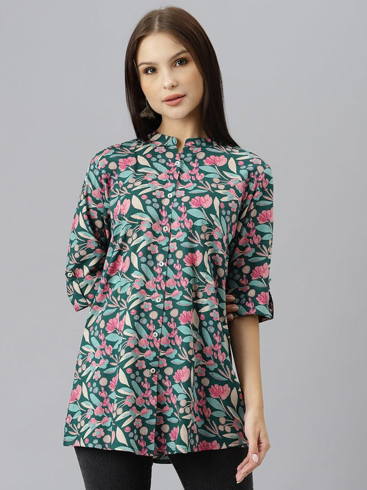  Dark Green Floral Rayon A-line Shirts Style Top - world.com