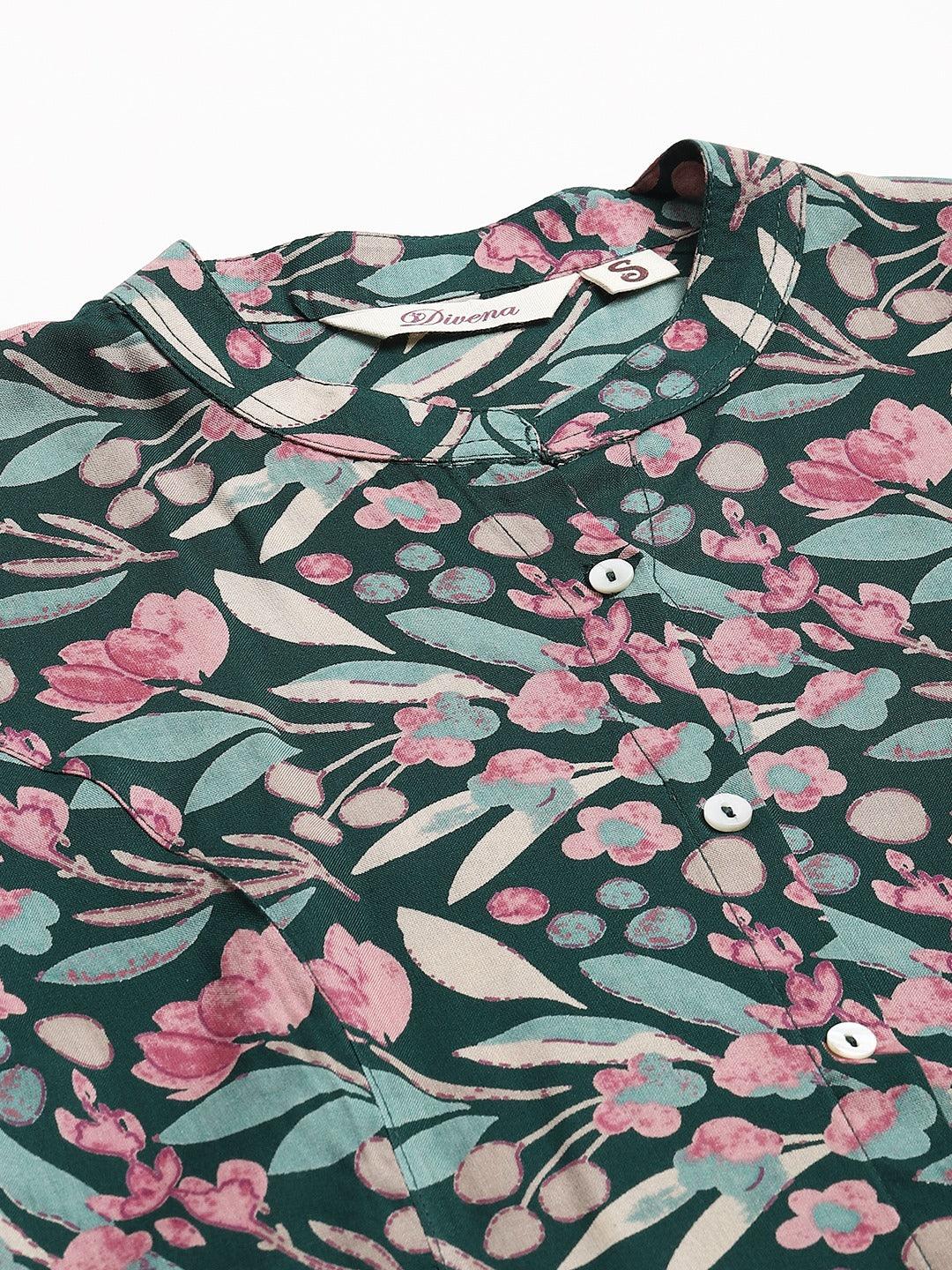  Dark Green Floral Rayon A-line Shirts Style Top - world.com
