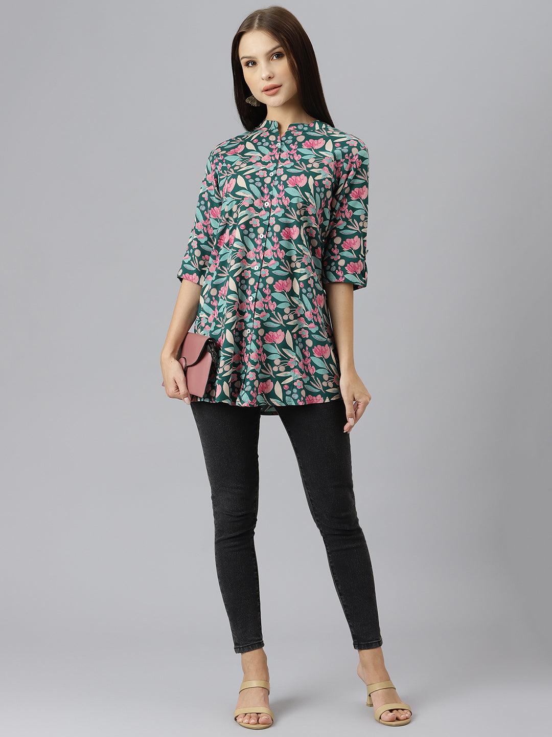  Dark Green Floral Rayon A-line Shirts Style Top - world.com