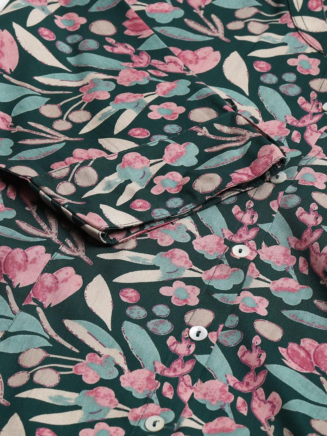  Dark Green Floral Rayon A-line Shirts Style Top - world.com