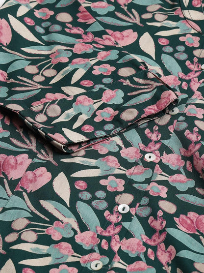  Dark Green Floral Rayon A-line Shirts Style Top - world.com