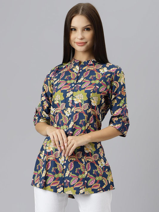  Navy Blue Floral Rayon A-line Shirts Style Top -  world