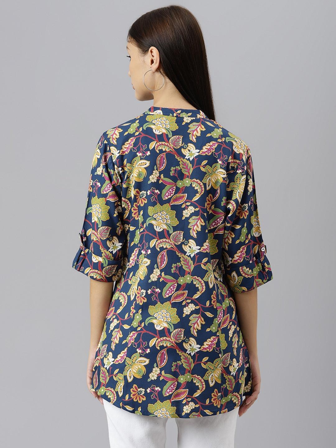  Navy Blue Floral Rayon A-line Shirts Style Top -  world