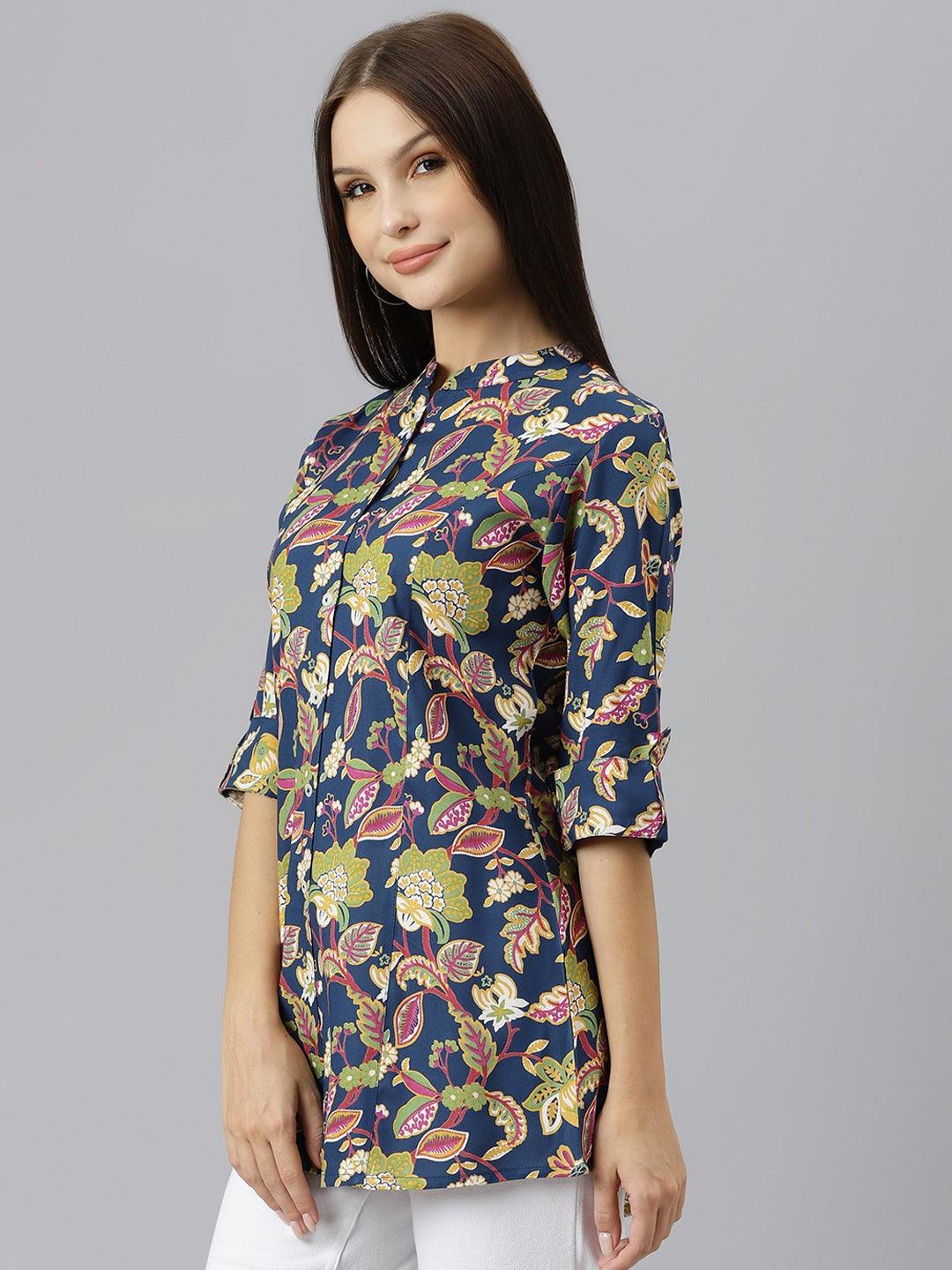  Navy Blue Floral Rayon A-line Shirts Style Top -  world