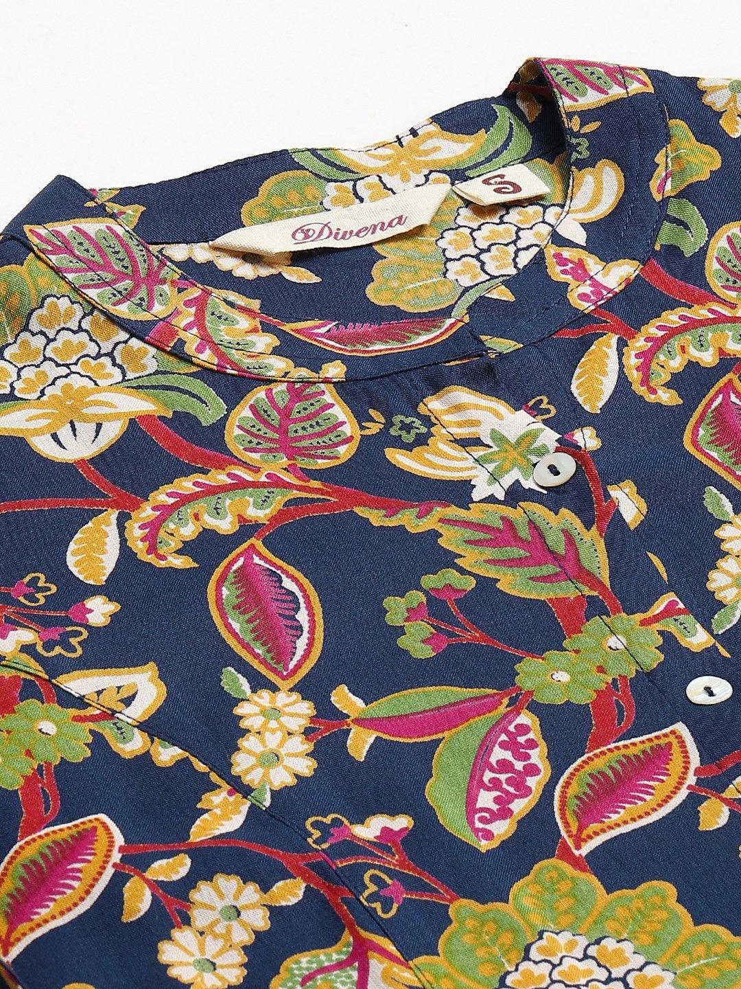  Navy Blue Floral Rayon A-line Shirts Style Top -  world