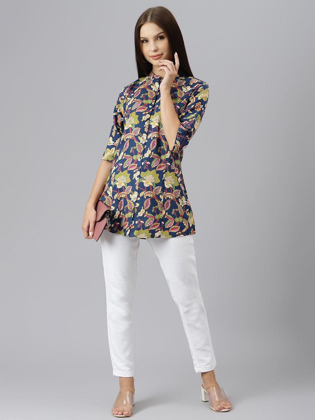  Navy Blue Floral Rayon A-line Shirts Style Top -  world