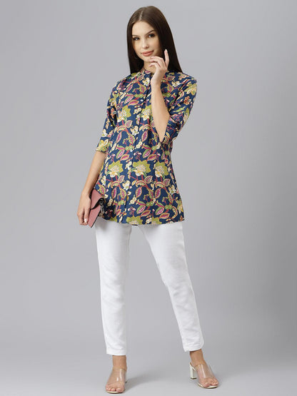  Navy Blue Floral Rayon A-line Shirts Style Top -  world