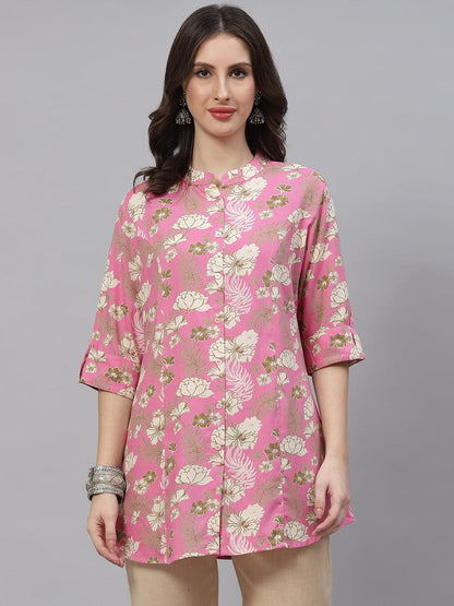  Light Pink Floral Rayon A-line Top -  world