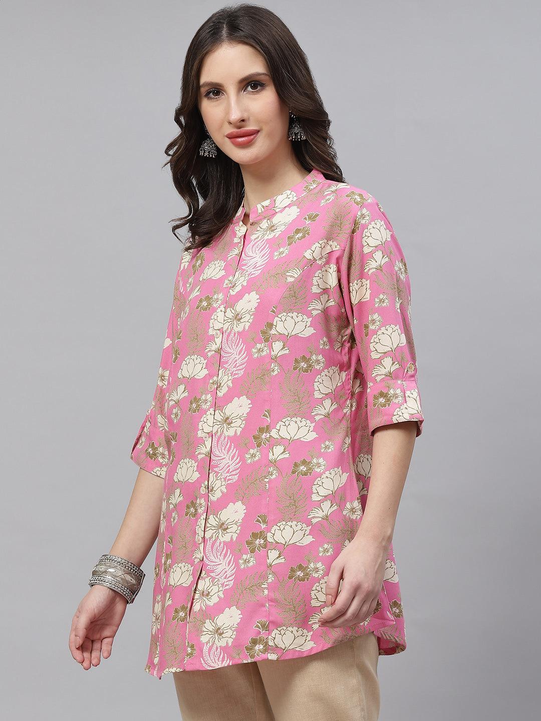  Light Pink Floral Rayon A-line Top -  world