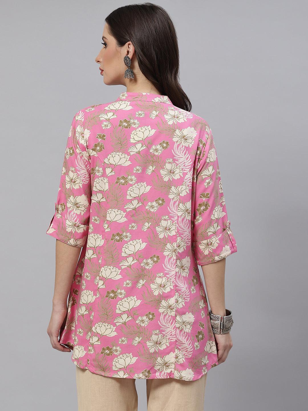  Light Pink Floral Rayon A-line Top -  world