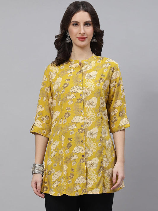  Mustard Floral Rayon A-lineTop -  world