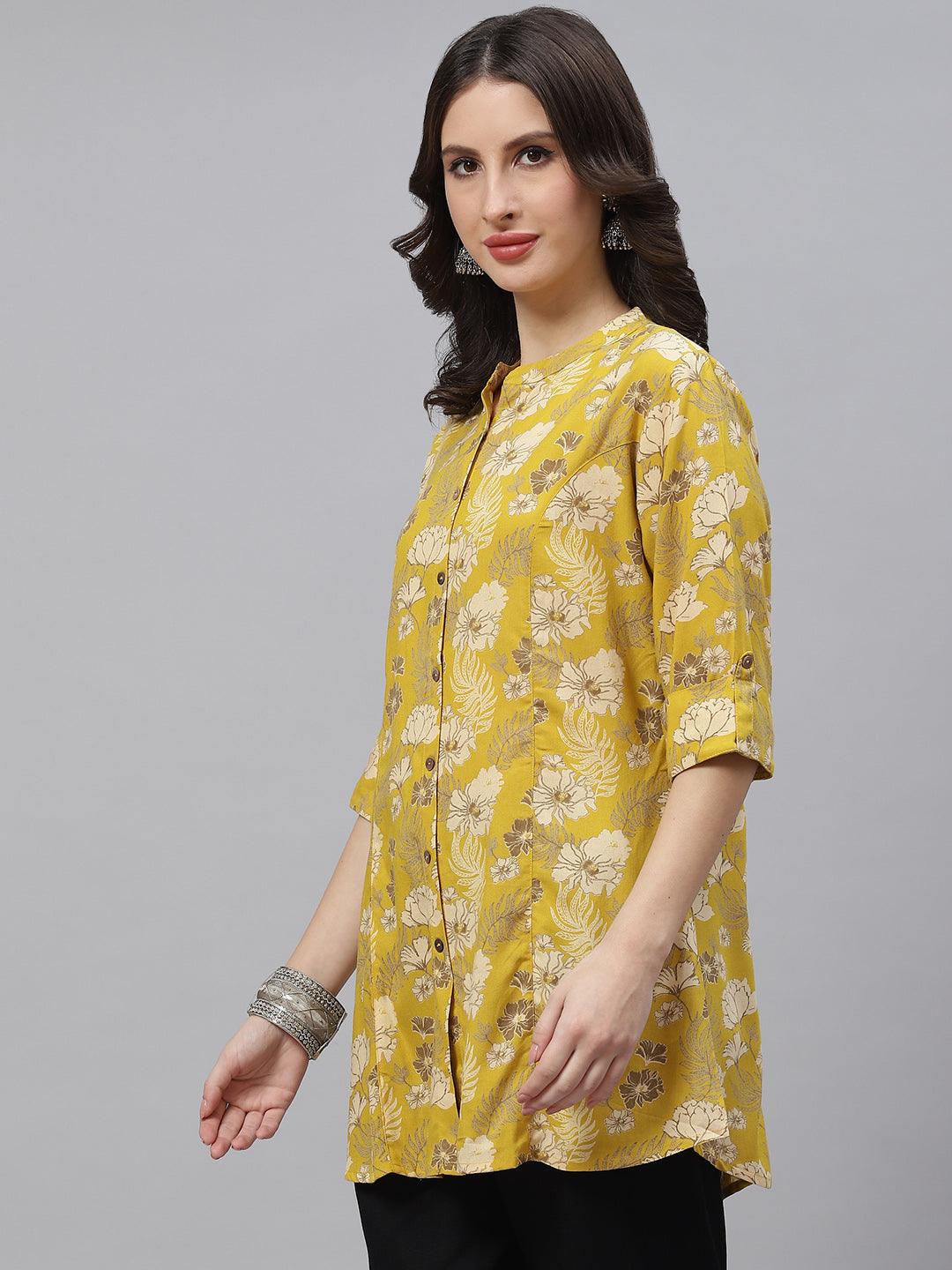  Mustard Floral Rayon A-lineTop -  world