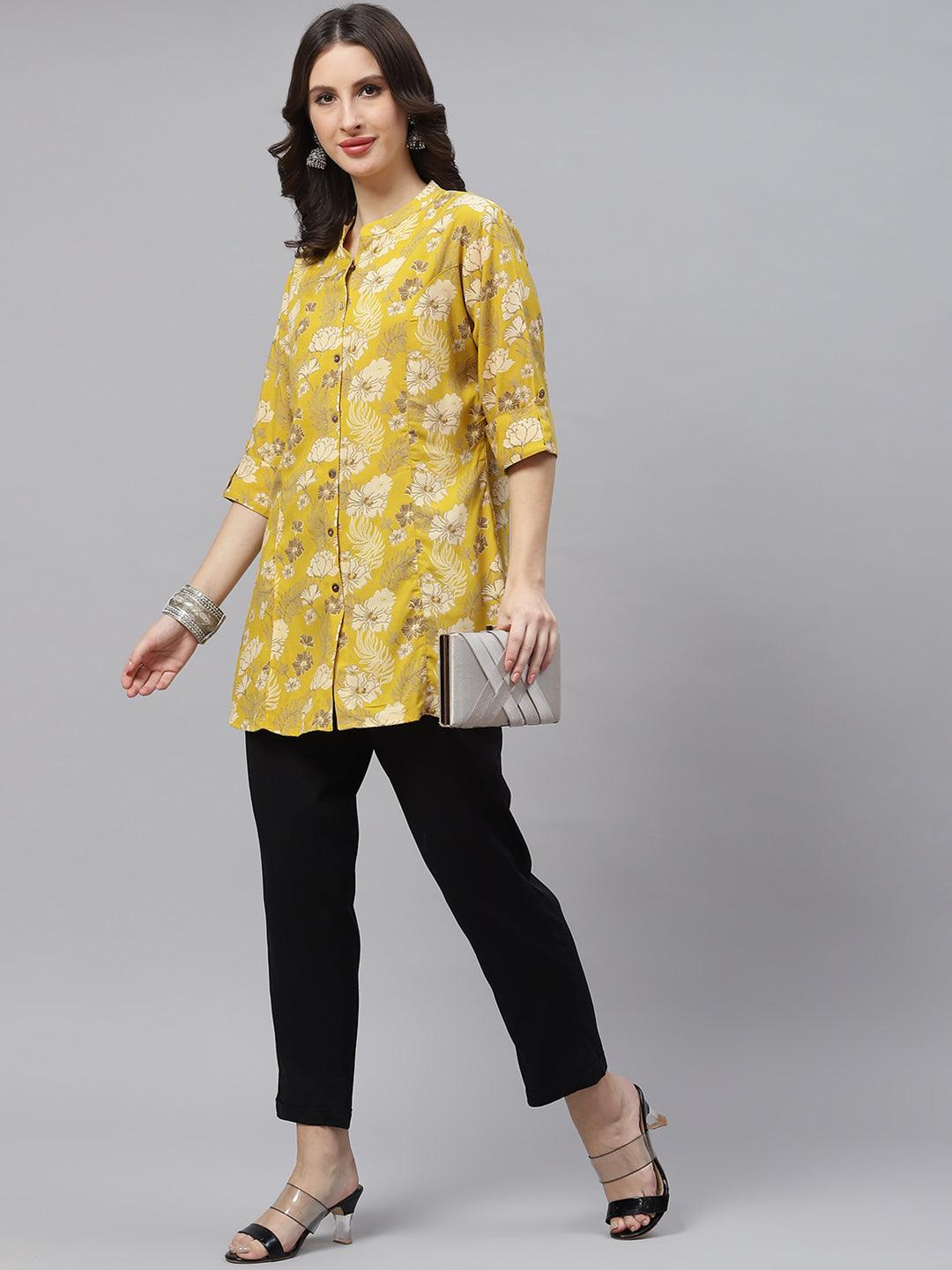  Mustard Floral Rayon A-lineTop -  world