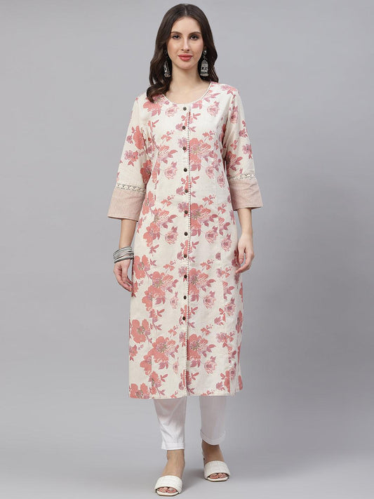  Cream Floral cotton flex A-Line Kurta -  world