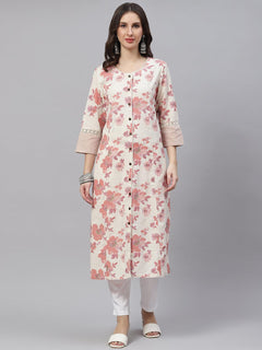 Cream Floral cotton flex A-Line Kurta