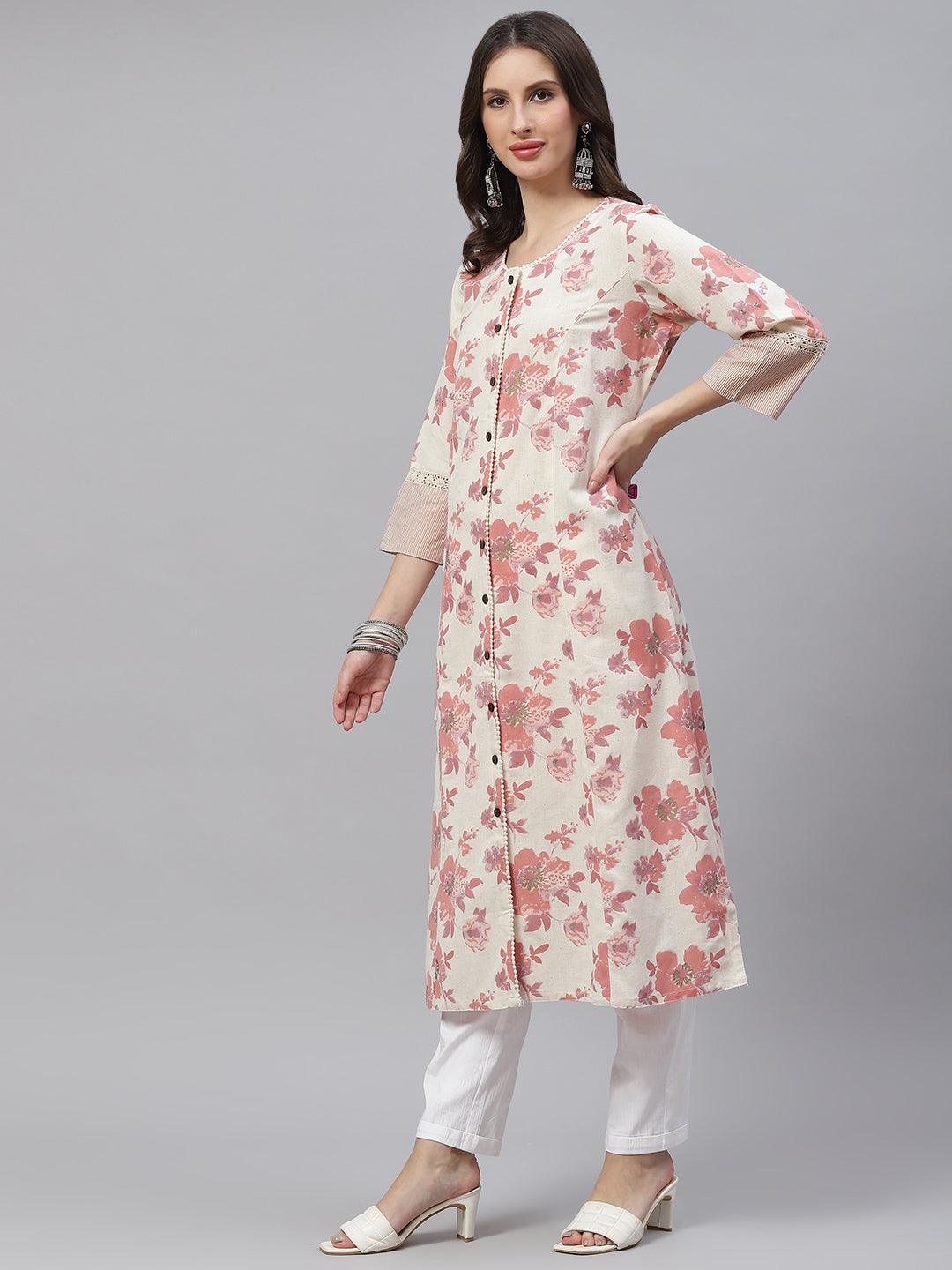  Cream Floral cotton flex A-Line Kurta -  world